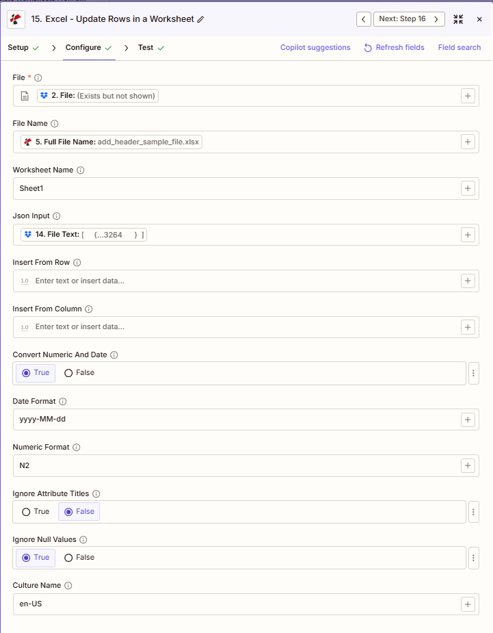 Haz clic para ampliar PDF4me Excel Actualizar filas en una hoja de cálculo Configuración de Zapier - Archivo, Nombre del archivo, Nombre de la hoja de cálculo, Entrada JSON, Insertar desde fila, Insertar desde columna, Convertir numérico y fecha, Formato de fecha, Formato numérico, Ignorar títulos de atributos, Ignorar valores nulos, Nombre de la cultura
